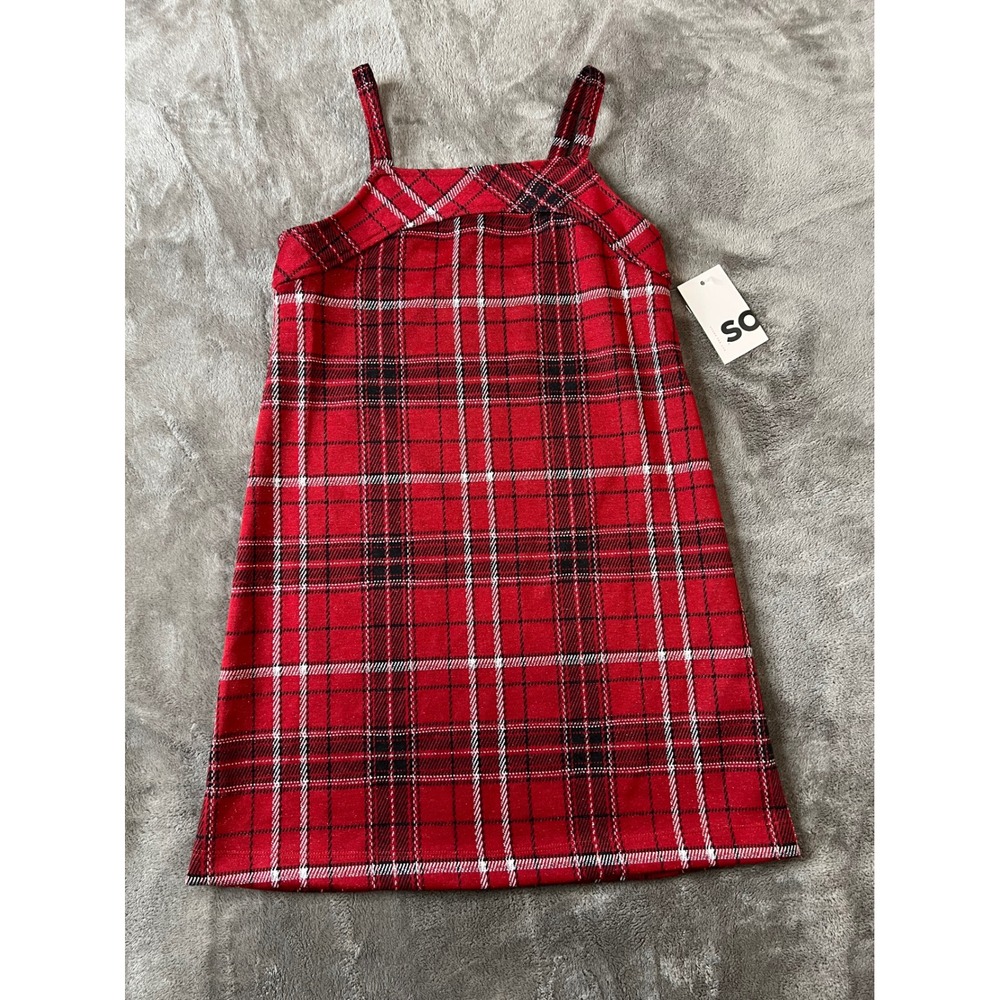 SO Girls Red Plaid Metallic Knit Dress Size Medium 8 Holiday Sleeveless Posh